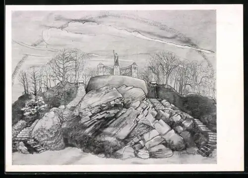 Künstler-AK Hengsen, Heldendenkmal für gefallene Kameraden des I. R. 130 und R.I.R. 130, Grundsteinlegung 1926