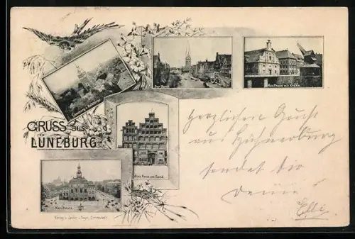 AK Lüneburg, Am Sande, Kaufhaus mit Krahn, Der Sand, Altes Haus am Sand, Marktplatz