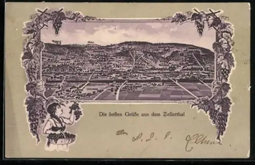 Lithographie Zellertal, Panoramaansicht im Weintrauben-Passepartout