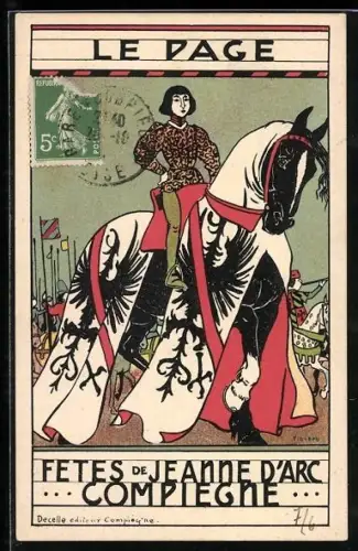 Künstler-AK Compiègne, Fêtes de Jeanne d`Arc, illustration du page et cheval décoré
