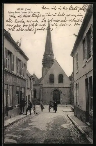 AK Méru /Oise, Église Saint-Lucien et rue animée du village