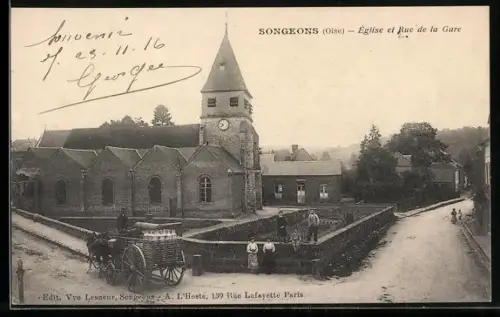 AK Songeons /Oise, Église et Rue de la Gare