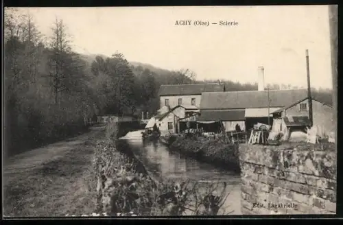 AK Achy /Oise, Scierie et canal bordé d`arbres