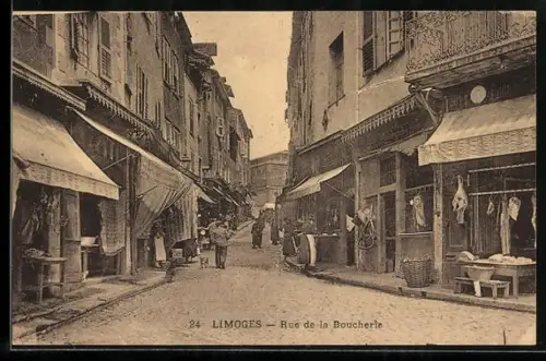 AK Limoges, Rue de la Boucherie animée avec boutiques et passants