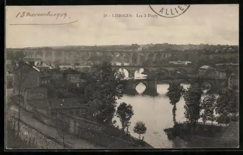 AK Limoges, Les 3 Ponts et vue sur la rivière et la ville environnante