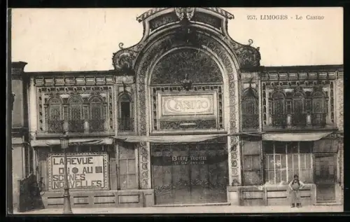 AK Limoges, Le Casino avec facade ornée et affiches de spectacles