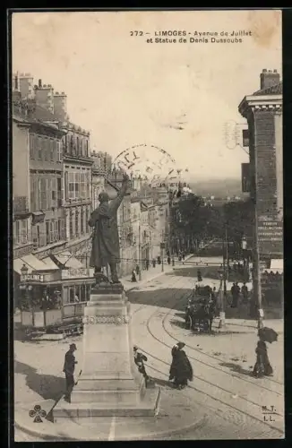 AK Limoges, Avenue du Juillet et Statue de Denis Dussoubs