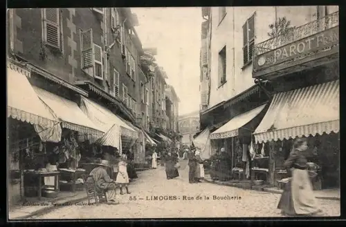 AK Limoges, Rue de la Boucherie animée avec étals et passants