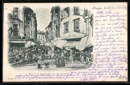 AK Limoges, Rue de la Boucherie avec les auvents animés par des passants et commercants