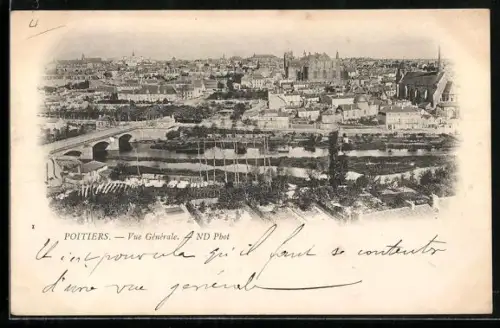 AK Poitiers, Vue Générale avec pont et rivière en avant-plan