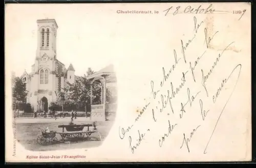 AK Châtellerault, Église Saint-Jean l`Évangéliste et parc avec bancs