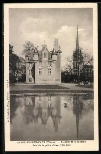AK Saint-Julien-l`Ars /Vienne, L`église et le château pris de la pièce d`eau, côté Sud