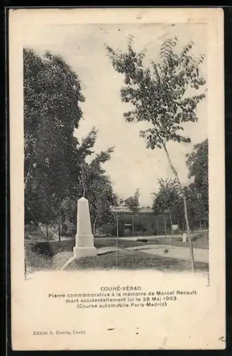AK Couhé-Vérac, Pierre commémorative à la mémoire de Marcel Renault