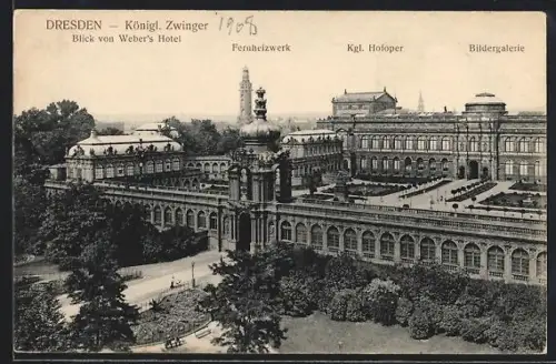 AK Dresden, Königl. Zwinger, Blick von Weber`s Hotel, Fernheizwerk, Kgl. Hofoper, Bildergalerie