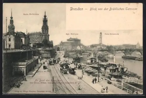 AK Dresden, Brühlsche Terrasse, Kath. Hofkirche, Kgl. Hoftheater, Fern-Heizwerk