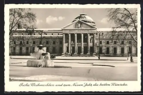 AK Wiesbaden, Kurhaus im Schnee, Festtagsgruss