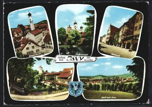 AK Isny im Allgäu, Rathaus, Blaserturm, Grabenweiher