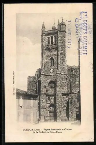 AK Condom /Gers, Facade principale et clocher de la Cathédrale Saint-Pierre