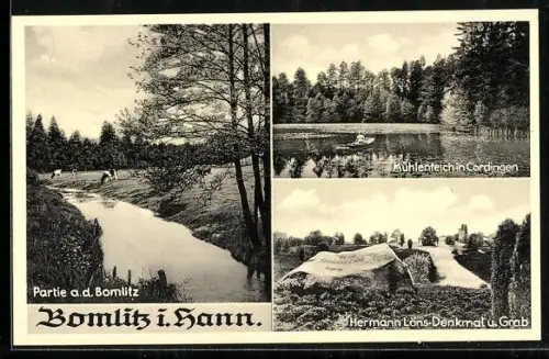 AK Bomlitz i. Hann., Partie an der Bomlitz, Mühlenteich in Cordingen, Hermann Löns-Denkmal und Grab