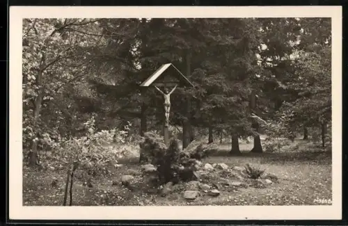 AK Alexanderdorf über Zossen, Benediktinerinnen-Priorat St. Gertrud, Kreuz im Park