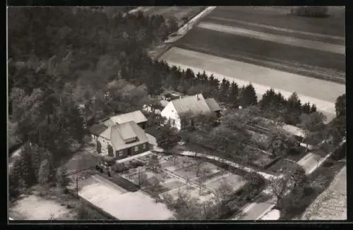 AK Schneverdingen, Pension Inselmann aus der Vogelschau, Inselstrasse 47