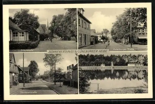 AK Schneverdingen /Lüneburger Heide, Schulstrasse, Rotenburger Strasse, Verdenerstrasse, Quellenbad