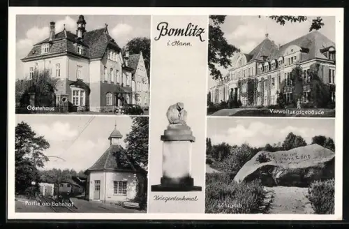 AK Bomlitz i. Hann., Gästehaus, Partie am Bahnhof, Verwaltungsgebäude, Kriegerdenkmal