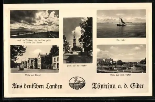 AK Tönning a. d. Eider, Am Markt, Blick zur Kirche, Hafenpartie