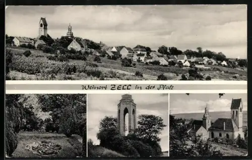 AK Zell in der Pfalz, Ortspanorama, Blick zur Kirche, Gartenanlage