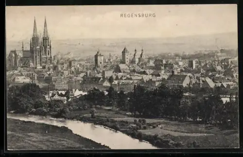 AK Regensburg, Ortsansicht mit Flusspartie