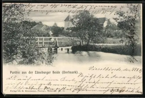 AK Dorfmark /Lüneburger Heide, Flusspartie mit Brücke