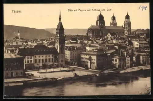 AK Passau, Blick auf Rathaus und Dom