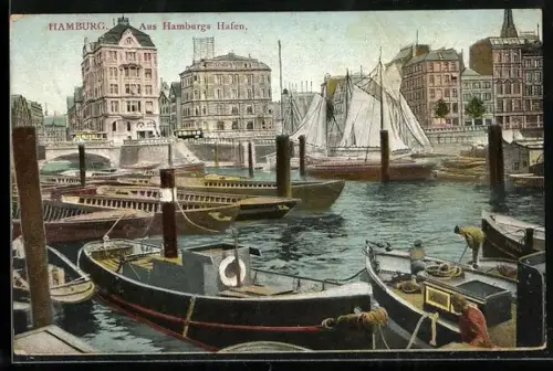 AK Hamburg, Hafenansicht mit Segelschiffen und Booten