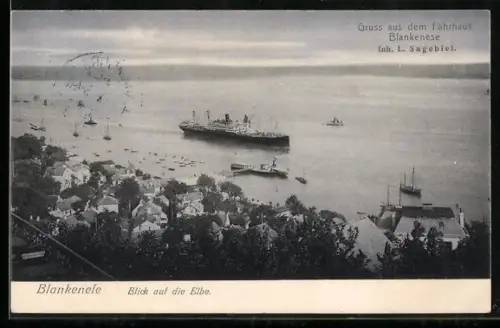 AK Hamburg-Blankenese, Fährhaus Inh. L. Sagebiel, Blick auf die Elbe