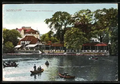 AK Düsseldorf, Schwanenspiegel mit Fischerhäuschen
