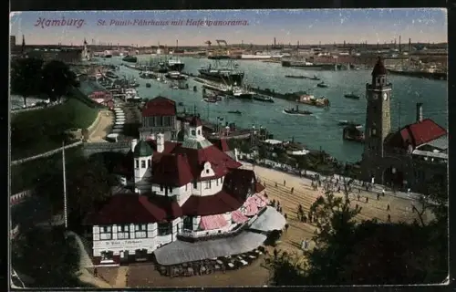 AK Hamburg-St.Pauli, St. Pauli-Fährhaus mit Hafenpanorama