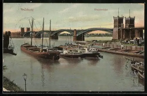 AK Duisburg, Rheinbrücke, Schiffe am Hafen