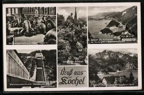 AK Kochel, Walchenseekraftwerk Maschinenhalle, Walchenseekraftwerk Turbinenhaus, Denkmal Schmied von Kochel