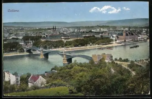 AK Coblenz, Rheinbrücke und Ortspanorama