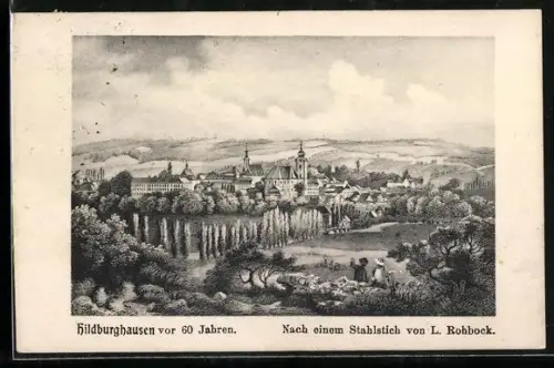 AK Hildburghausen, Stadtansicht nach Stahlstich von L. Rohbock, historische Ansicht vor 60 Jahren