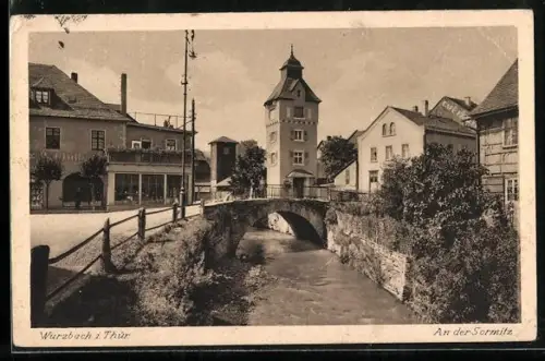 AK Wurzbach i. Thür., An der Sormitz, Brücke, Turm