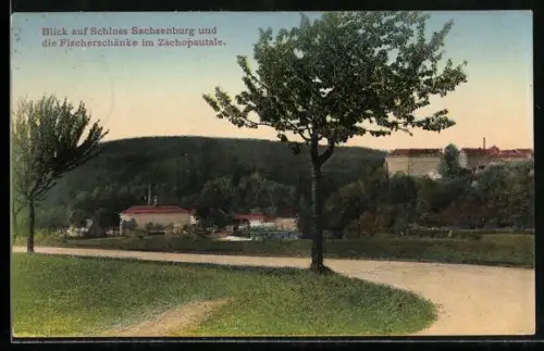 AK Sachsenburg / Frankenberg, Schloss Sachsenburg und Fischerschänke im Zschopautale