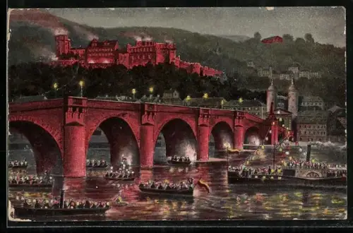 AK Heidelberg, Alte Brücke und Schloss in nächtlicher Beleuchtung, festlich geschmückte Boote