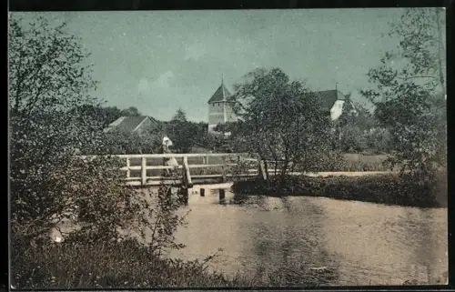 AK Dorfmark, Uferpartie mit Brücke