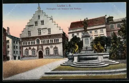 AK Lindau / Bodensee, Reichsplatz mit Brunnen, Rathaus u. Gasthof Hotel Zur Sonne