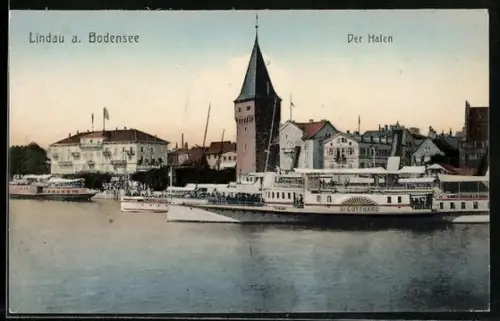 AK Lindau a. Bodensee, Hafen mit Dampfer St. Gotthard