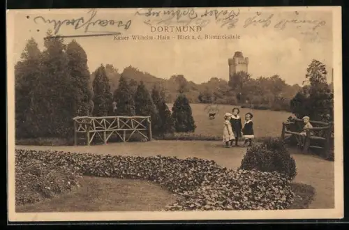 AK Dortmund, Kaiser Wilhelm-Hain mit Blick auf die Bismarcksäule