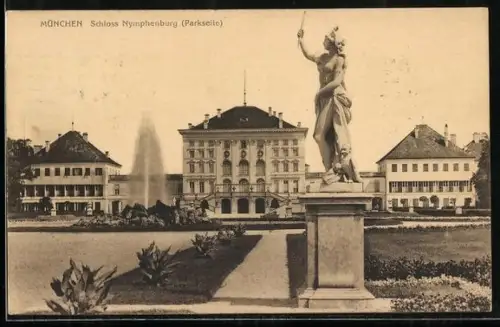 AK München, Schloss Nymphenburg Parkseite, Brunnen, Statue