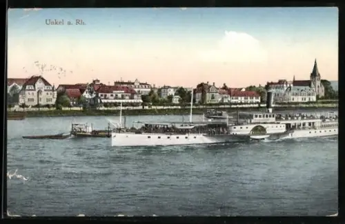 AK Unkel a. Rh., Rheinansicht mit Dampfschiff und Uferbebauung