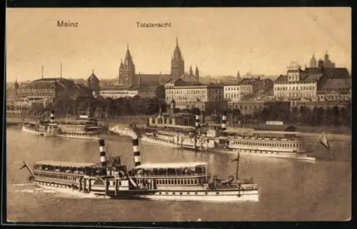 AK Mainz, Totalansicht, Dampfschiffe auf dem Rhein
